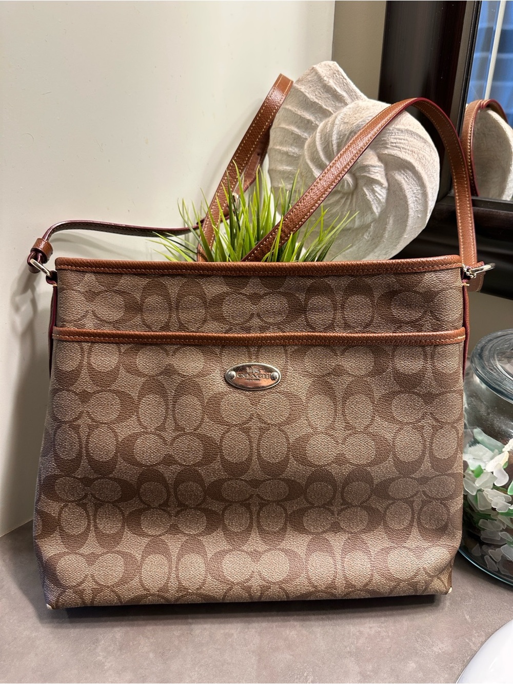 Coach Tan/Brown Signature Canvas Shoulder Bag